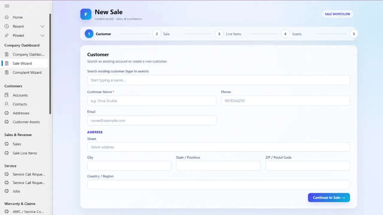 FieldServe360 sale wizard for recording products, variants, quantities, and pricing